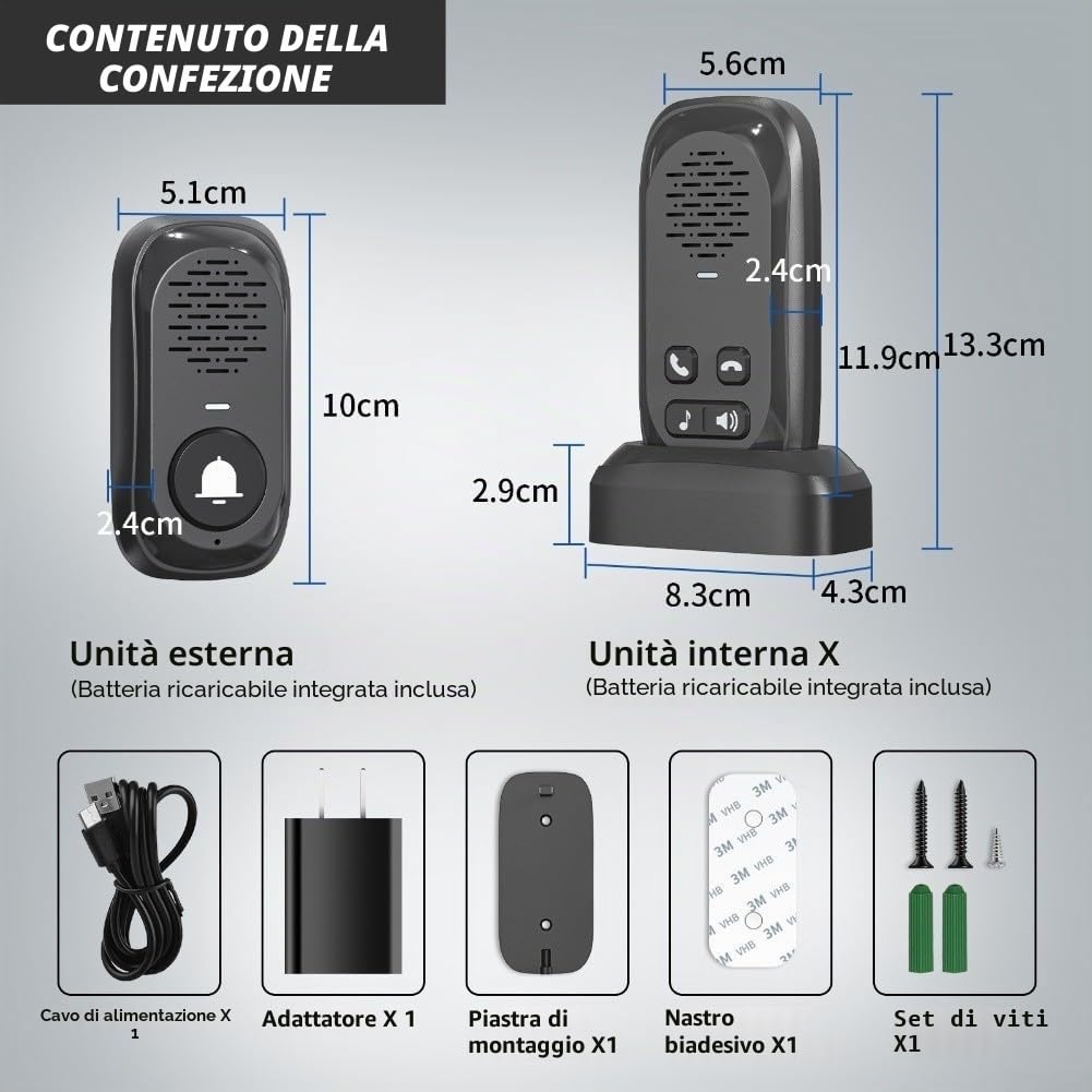 Oniissy Citofono senza fili con portata di 300 metri, comunicazione a lunga distanza, impermeabile, unità esterna per la sicurezza domestica, con batteria di grande capacità (nero)