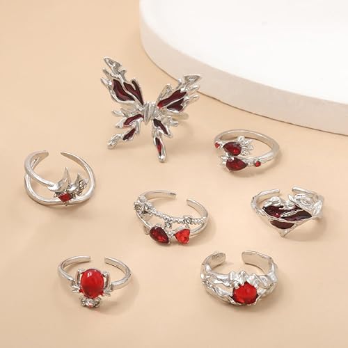 Miniatura 5 de Juego de anillos de nudillos plateados vintage para mujer, anillo de mariposa roja con piedras preciosas rojas, anillo punk gótico de araña, anillos
