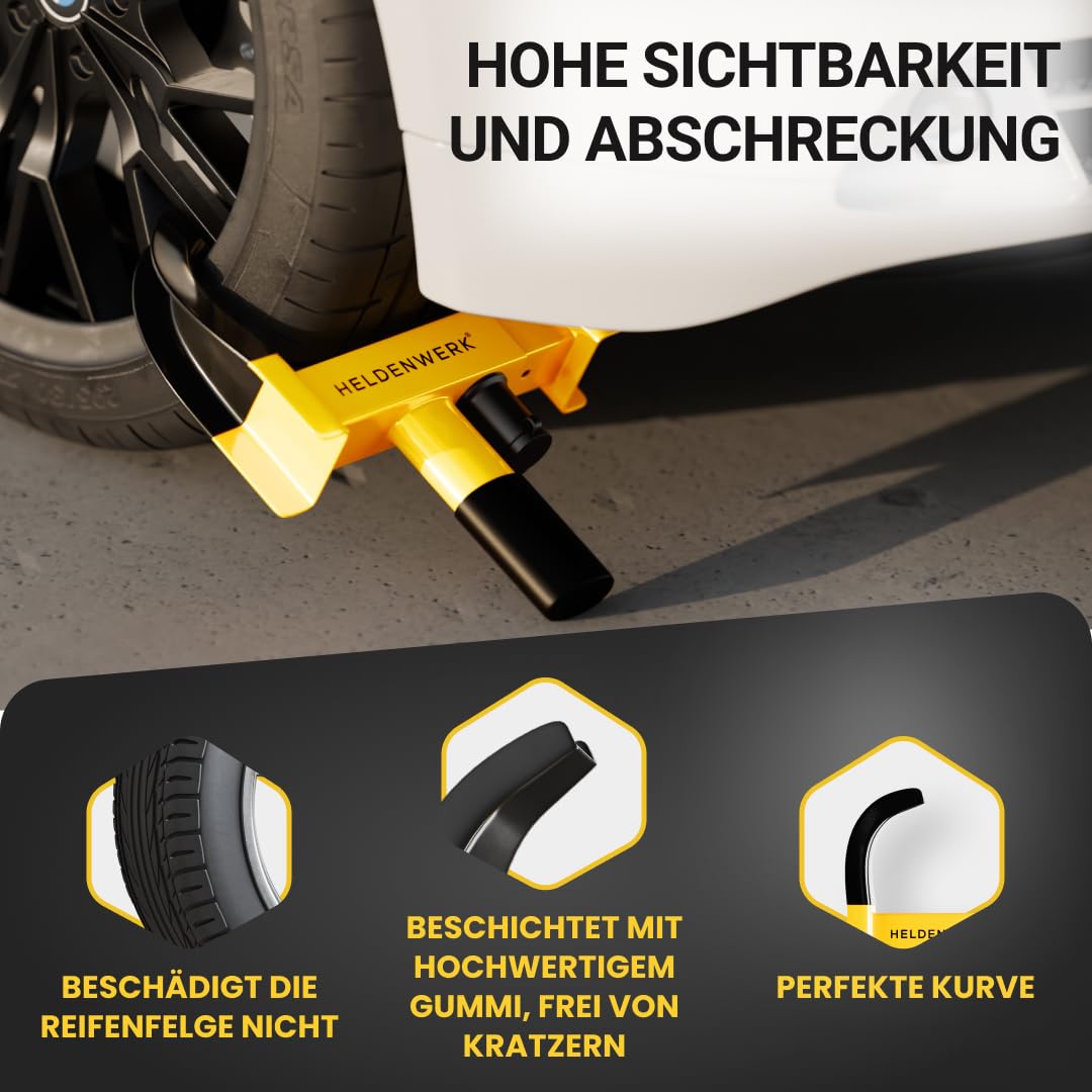 HELDENWERK Cepo de estacionamiento con cerradura de seguridad y 3 llaves – cepo para coche, caravana, remolque, motocicleta – garra de neumáticos de coche, garra de coche, garra de rueda para