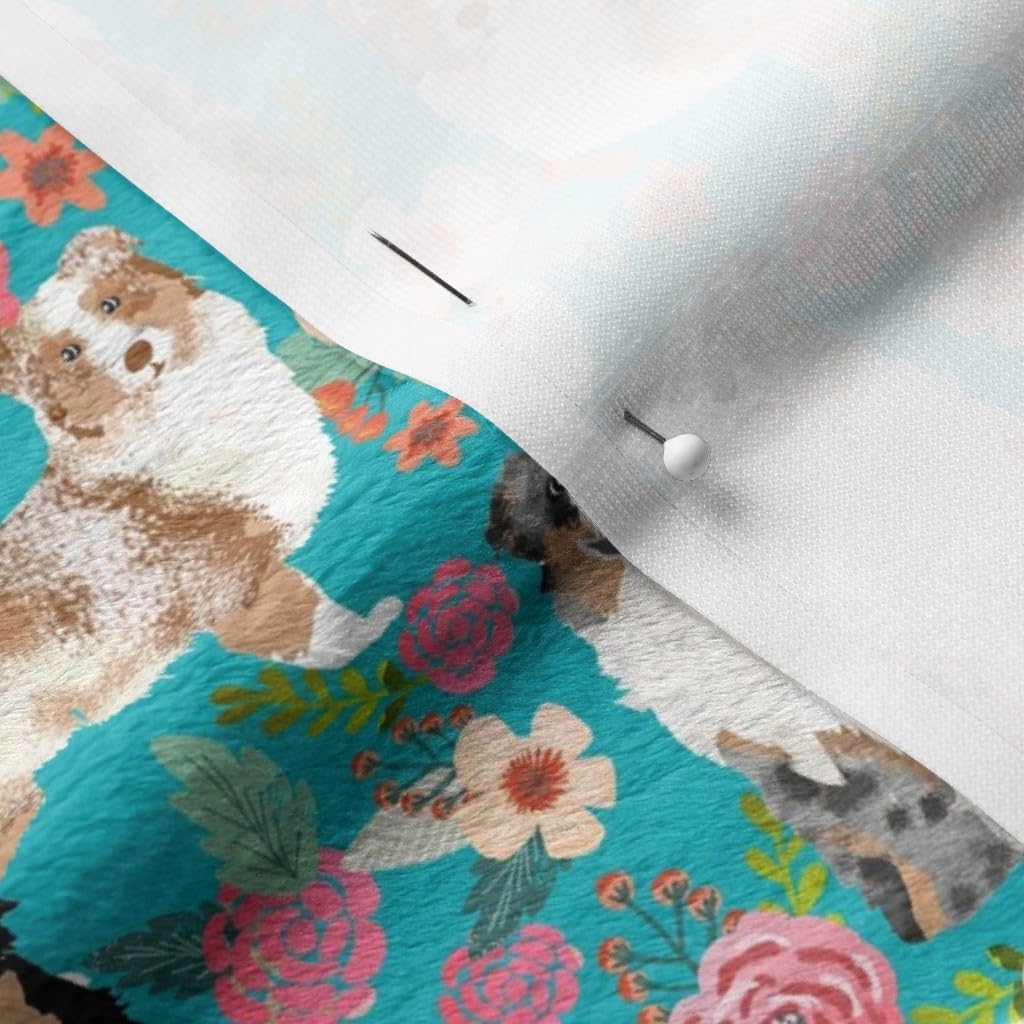 Spoonflower Fabric - Australian Shepherd Dogs Floral Cute Aussie Dog Vintage Flowers Printed on Minky Fabric by The Yard - Sewing Baby Blankets Quilt Backing Plush