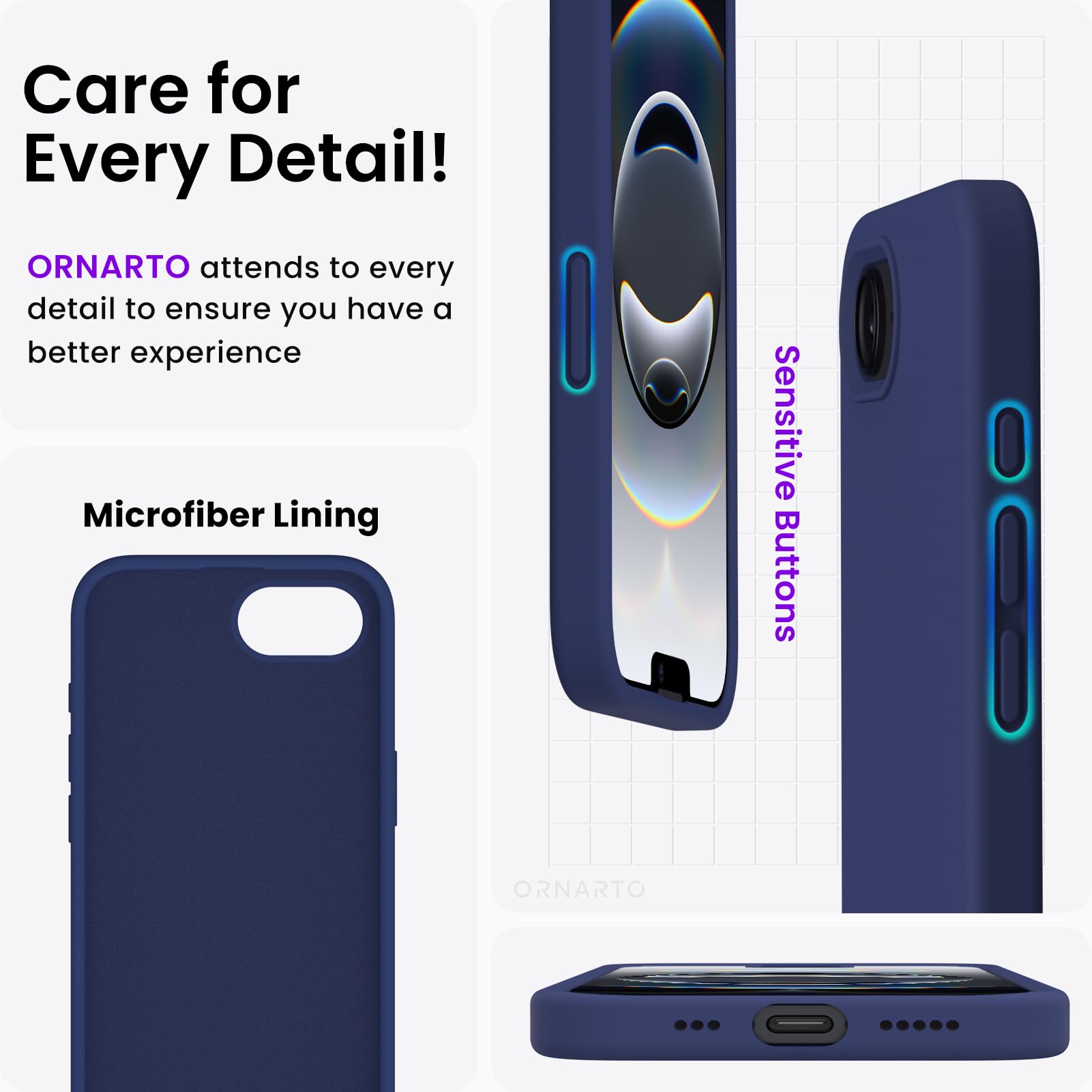 ORNARTO Cover per iPhone 16e (2025) Silicone 6.1 Pollici, Custodia Compatibile con iPhone 16e Case, Morbido Silicone Liquido Protezione, in Gomma Gel Morbida con Fodera in Microfibra-Deep Blu