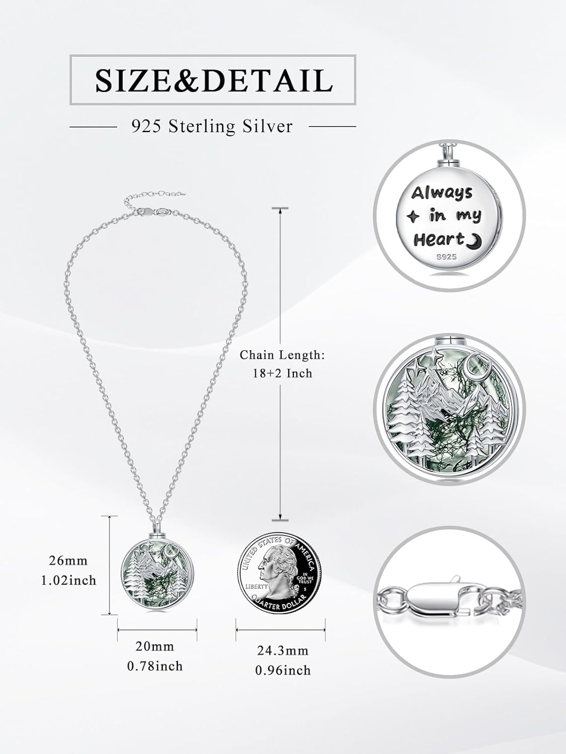 Dorunmo Urn Necklace for Ashes 925 Sterling Silver Moss Agate Cremation Jewelry Keepsake Pendant Memorial Necklace for Human Pet Ashes Sympathy Gift Jewelry for Women Men - Image 3