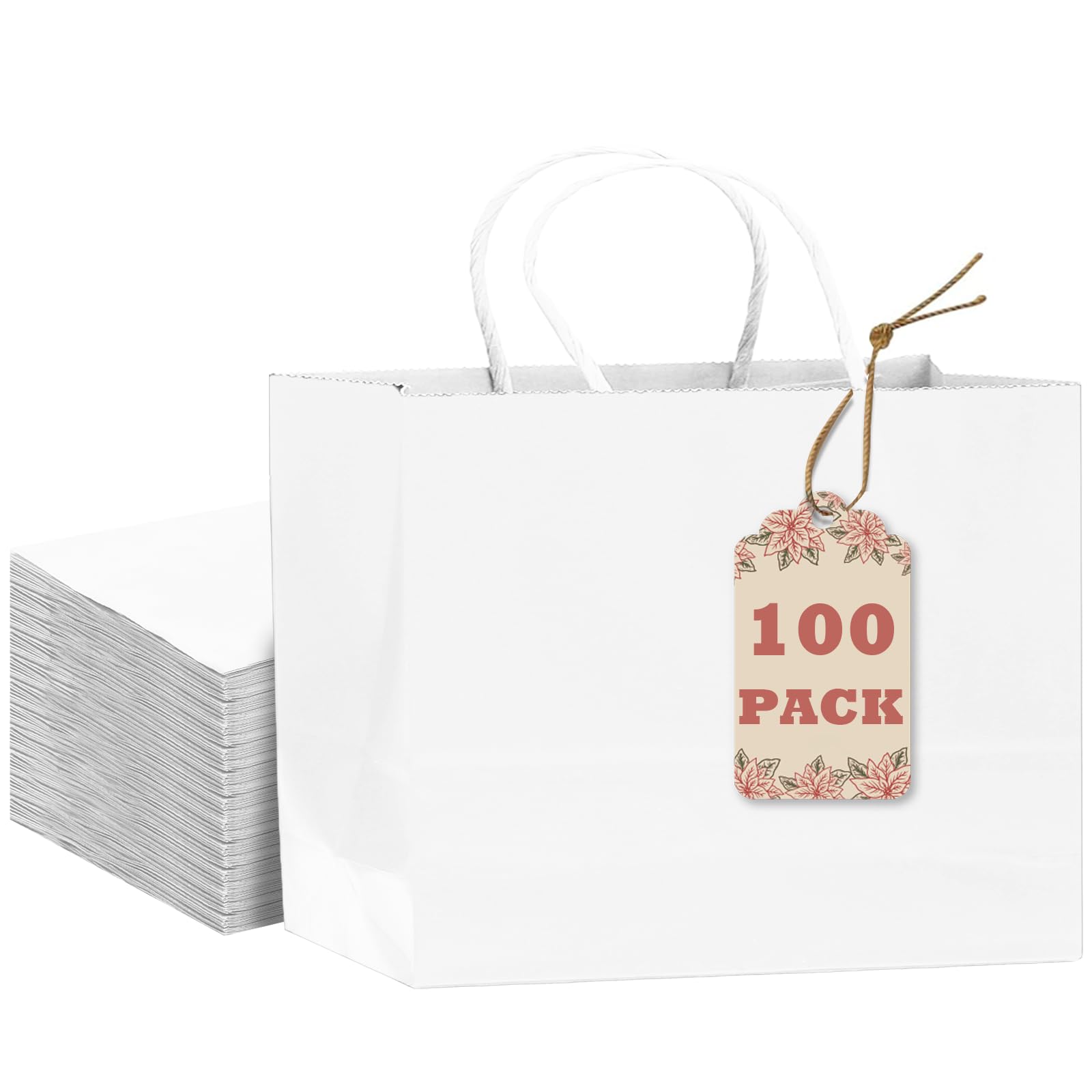 qiqee 13"x4.5"x10" Large Gift Bag with Handles 100PCS Gift Paper Bags White Bags Multiple Uses (Wide Large)