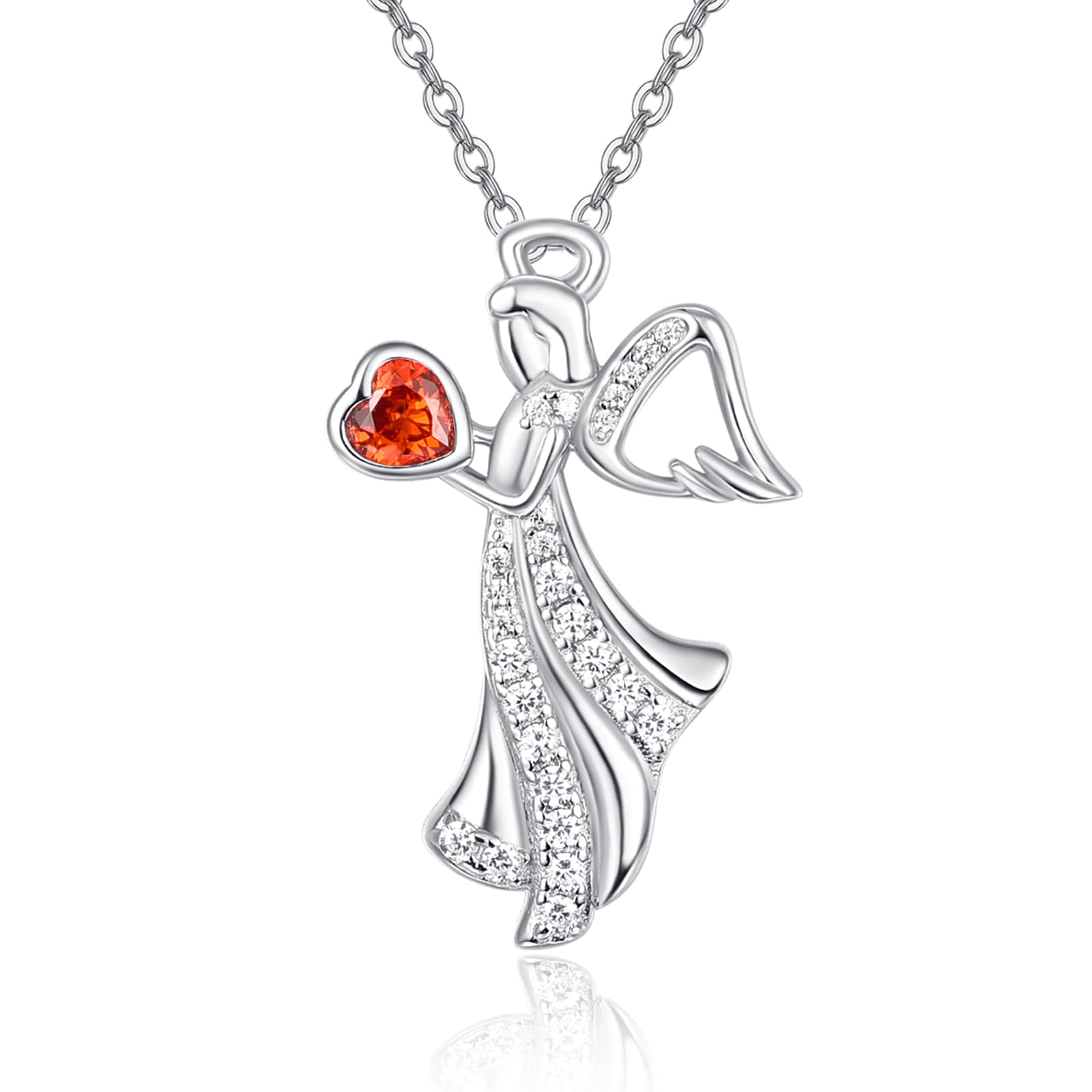 KINGWHYTE Engel Geburtsstein Halskette für Frauen 925 Sterling Silber Januar Engel Anhänger Halskette Granat Geburtsstein Schmuck Geburtstag Geschenk für Frauen Mädchen