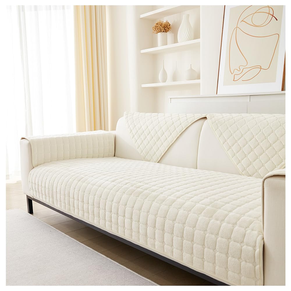 NUODWELL Thickened Sofa Slipcover 1/2/3/4 Seater, Flannel Anti-slip Sofa Protector L Shape Couch Cover Furniture Protector for Living Room (Beige, 70 * 210cm)