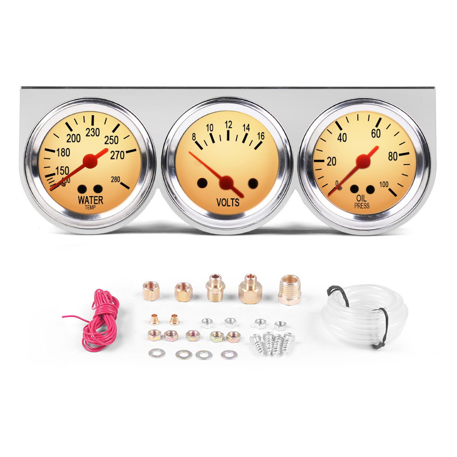 2'' 52mm 3in1 Triple Gauge Set Gauges Kit Universal Chrome 8V-16V Volt Gauge,100-280? Water Temp Temperature Gauge, 0-100 PSI Oil Pressure Gauge Meter
