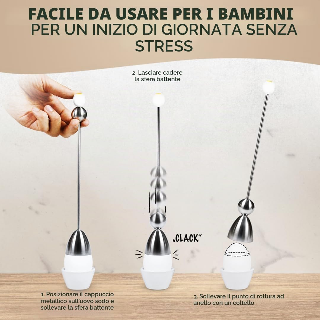 Clack 99009 - Portauovo a forma di conchiglia con punto di rottura, in acciaio inox, con motivo "Colazione", prodotto in Germania, idea regalo