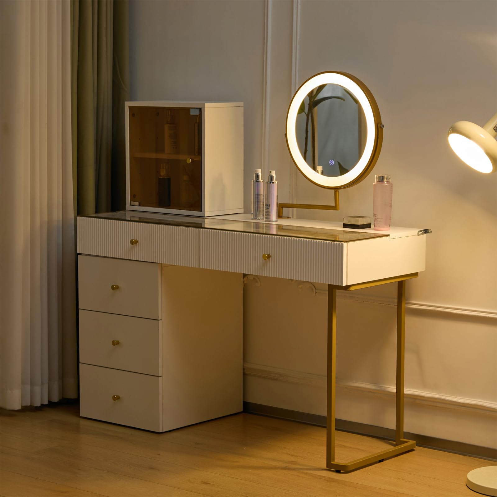 Set da toeletta con specchio e illuminazione LED, tavolo da trucco grande con cassetti e piano in vetro trasparente, mobile da trucco moderno bianco, montaggio flessibile