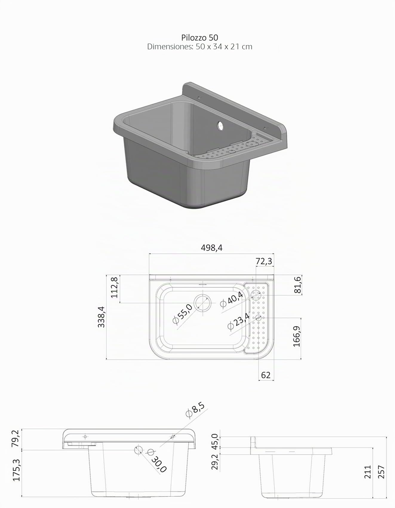 Negrari Lavabo de pared AM2051M de resina, resistente a los ácidos y a la humedad, para exterior, 50 x 34 x 21 cm, mármol