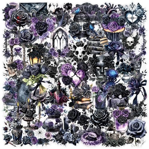 50 PCS Black Rose Stickers Pack Cute Waterproof PET Transparent Sticker for Journaling Laptop Scrapbook Water Bottles Guitar Suitcase Phone Gifts for Kids Adult Teens