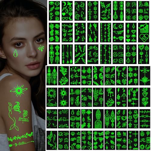 60 Sheets Glow in the Dark Temporary Tattoos Minimalism Luminous Fake Tattoos Stickers for Adults Men Women Halloween Rave Festival Accessory Party Supplies