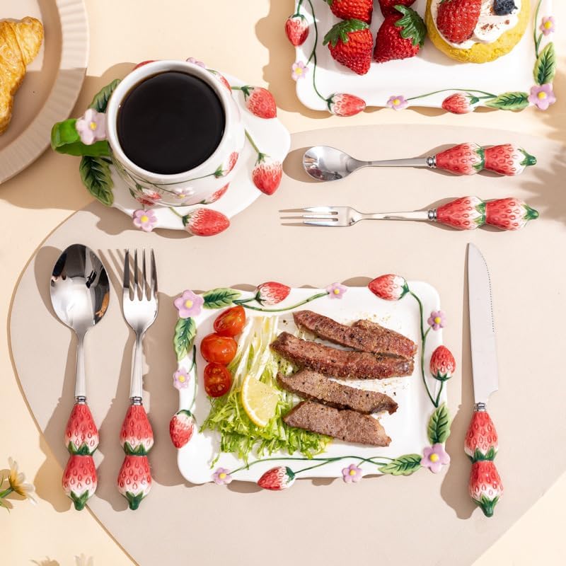 Strawberry Handle Cutlery Set, 3-Piece Stainless Steel Flatware with Ceramic Handles, Knife Fork Spoon Set for Dining