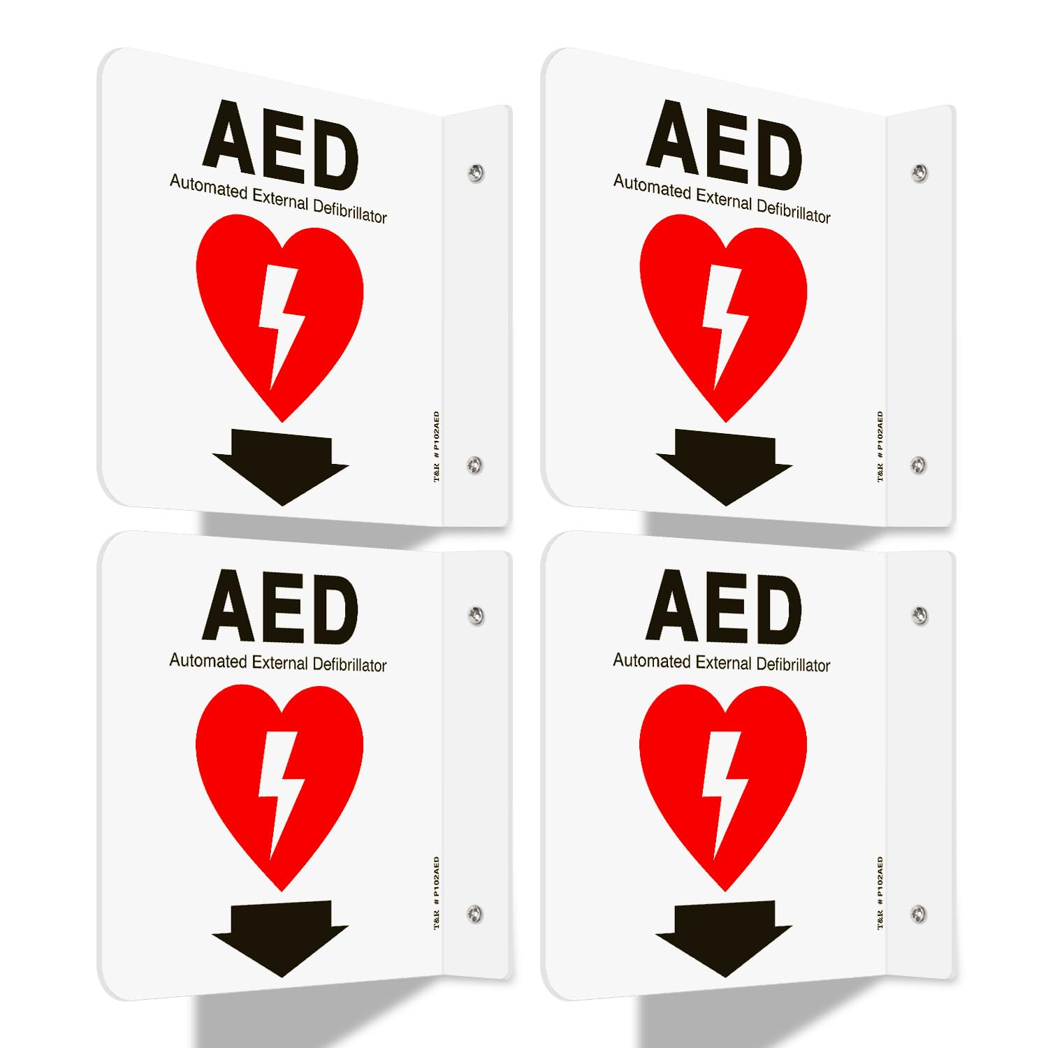 T&amp;R AED Sign, Automated External Defibrillator with Down Arrow - 4 Pack - 6 x 6 Inches Acrylic, 2 pre-drilled holes, Includes Matching Screws, Use for Office/Business