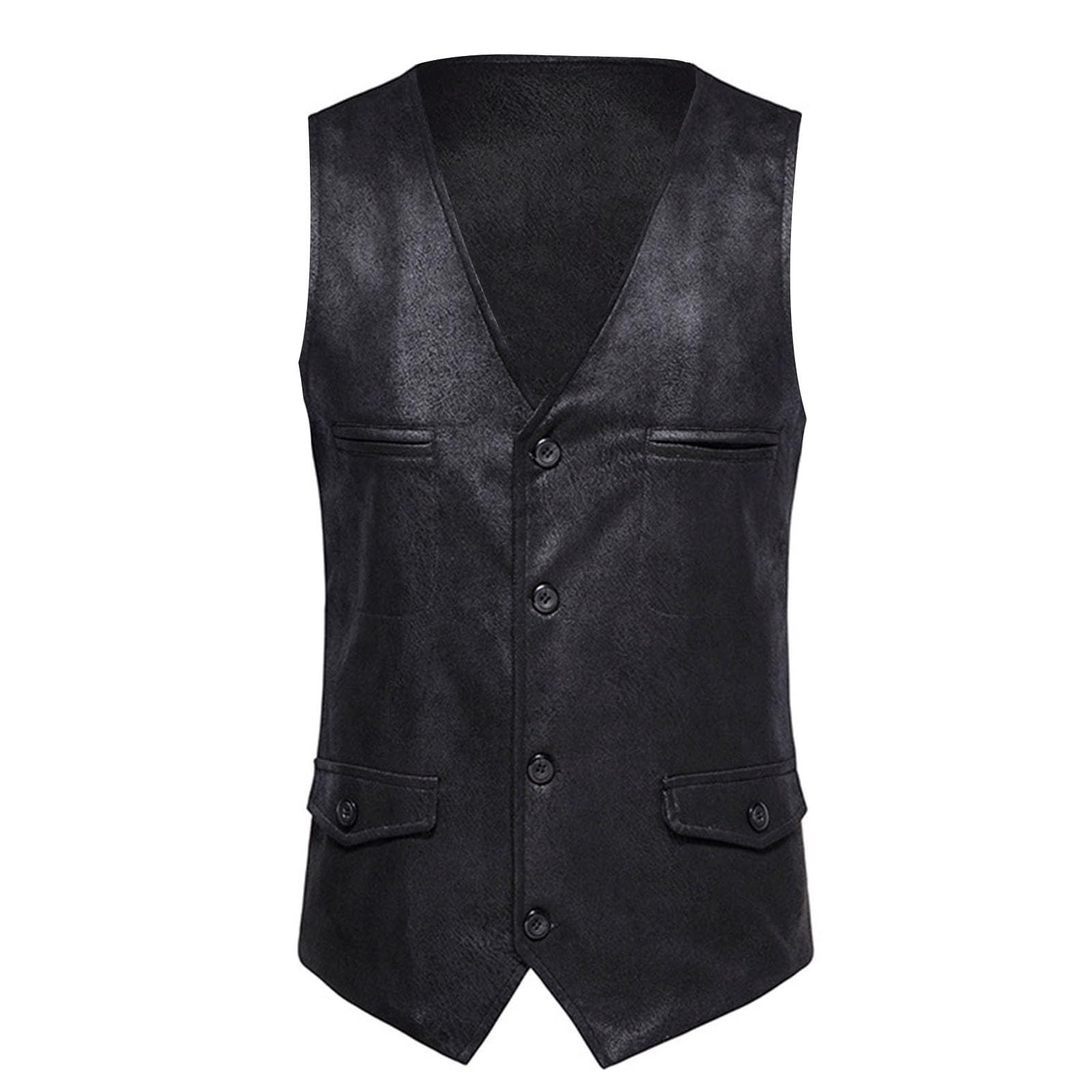 Gilet da uomo in finta pelle, slim fit, vintage, con chiusura a bottone, senza maniche, stile occidentale, classico look in pelle, Caff, M