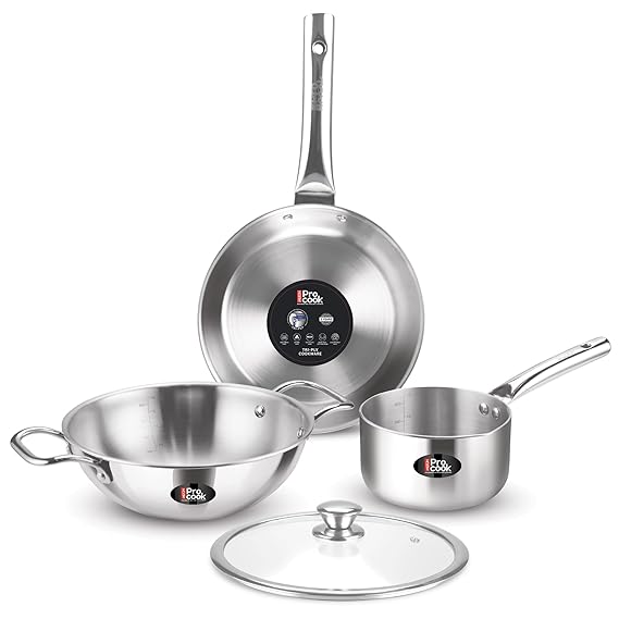 Milton Pro cook Triply Stainless Steel 4 Pc Induction Cookware Set, Tea Pan 16cm, Fry Pan 22cm, Kadai with Glass Lid 24cm, Even & Fast Cooking, Induction & Gas Ready, 3 Years Warranty by Manufacturer