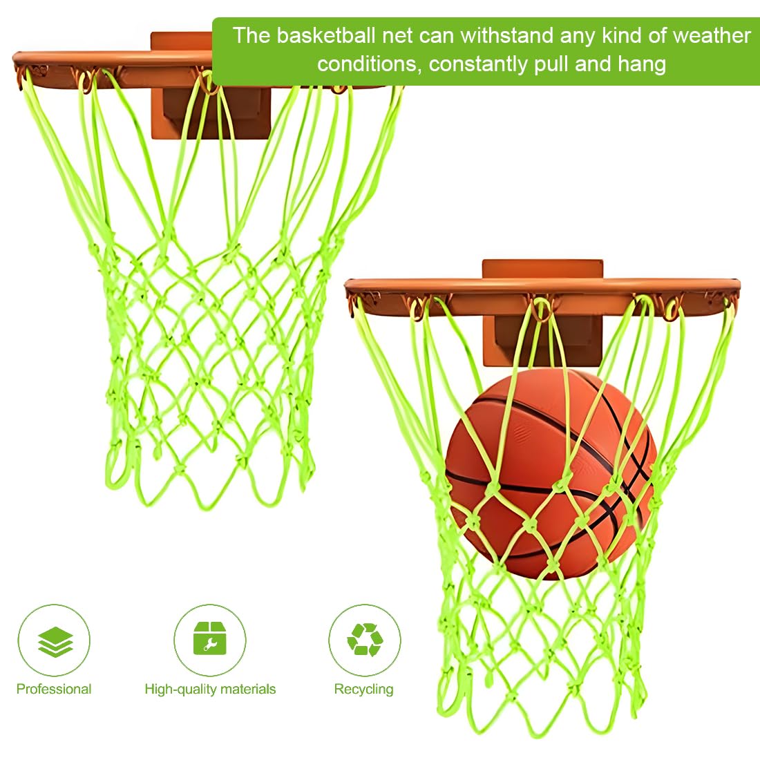 Rete da Basket per esterni, 2 pezzi, rete da Basket in nylon, verde fluorescente, per sport indoor e outdoor, attività notturne