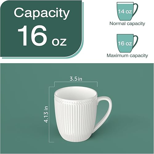 Miniatura 2 de Juego de 4 tazas de café blancas de 16 onzas, tazas de cerámica, juegos de tazas grandes y fáciles de agarrar, taza de café en relieve para café, té