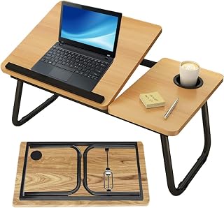 Mesa Plegable Soporte para Laptop - con Portavasos y Diseño con Ranura Inclinación Ajustable de 5 Niveles Soporte Plegable Escritorio Portátil para Comer Escribir Jugar Sofá de Trabajo (nuez)