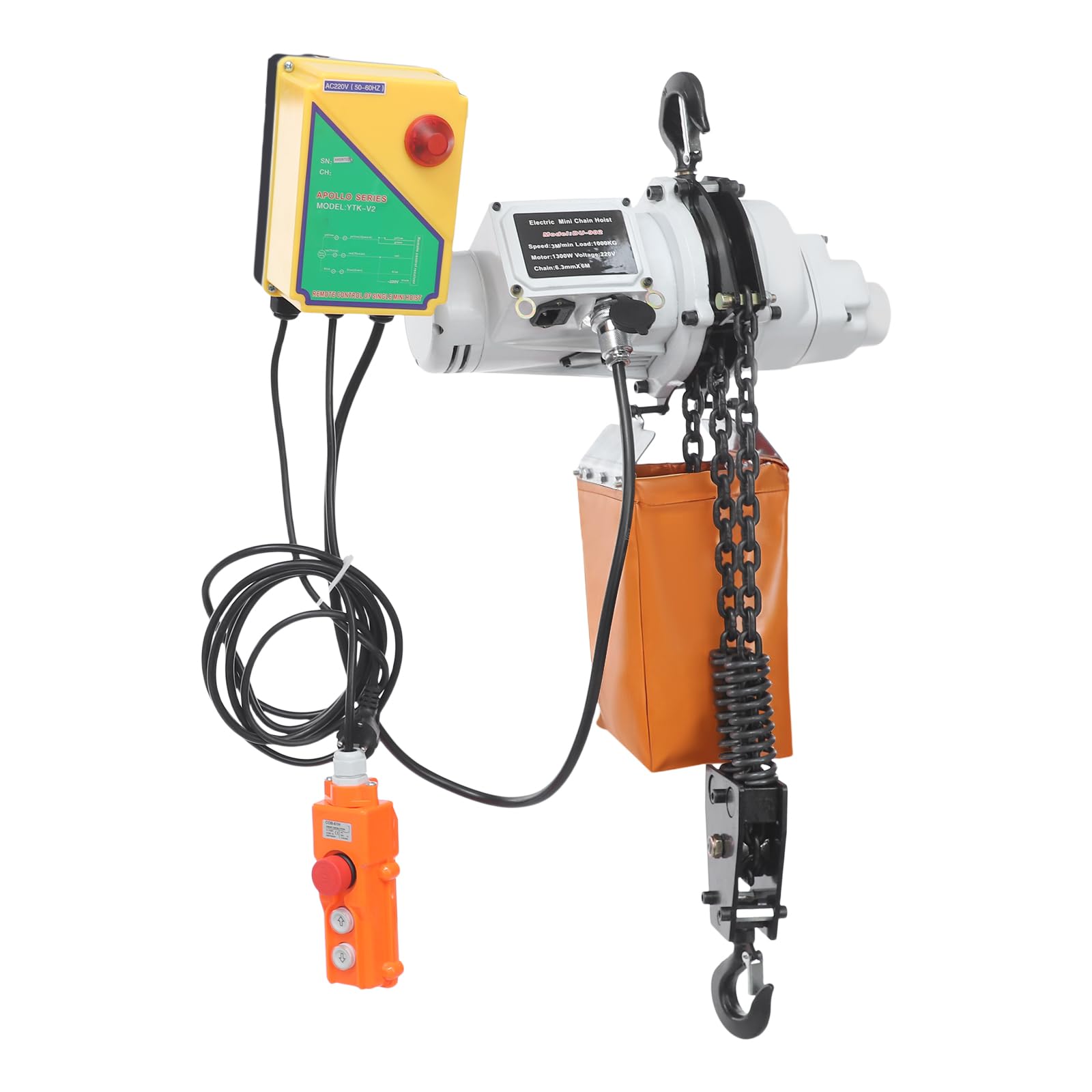 Polipasto eléctrico de cadena de 1000 kg, 6 m de altura de elevación, motor de cobre de 1300 W, cabrestante con mando a distancia inalámbrico y con cable, funda con cadena para taller y almacén