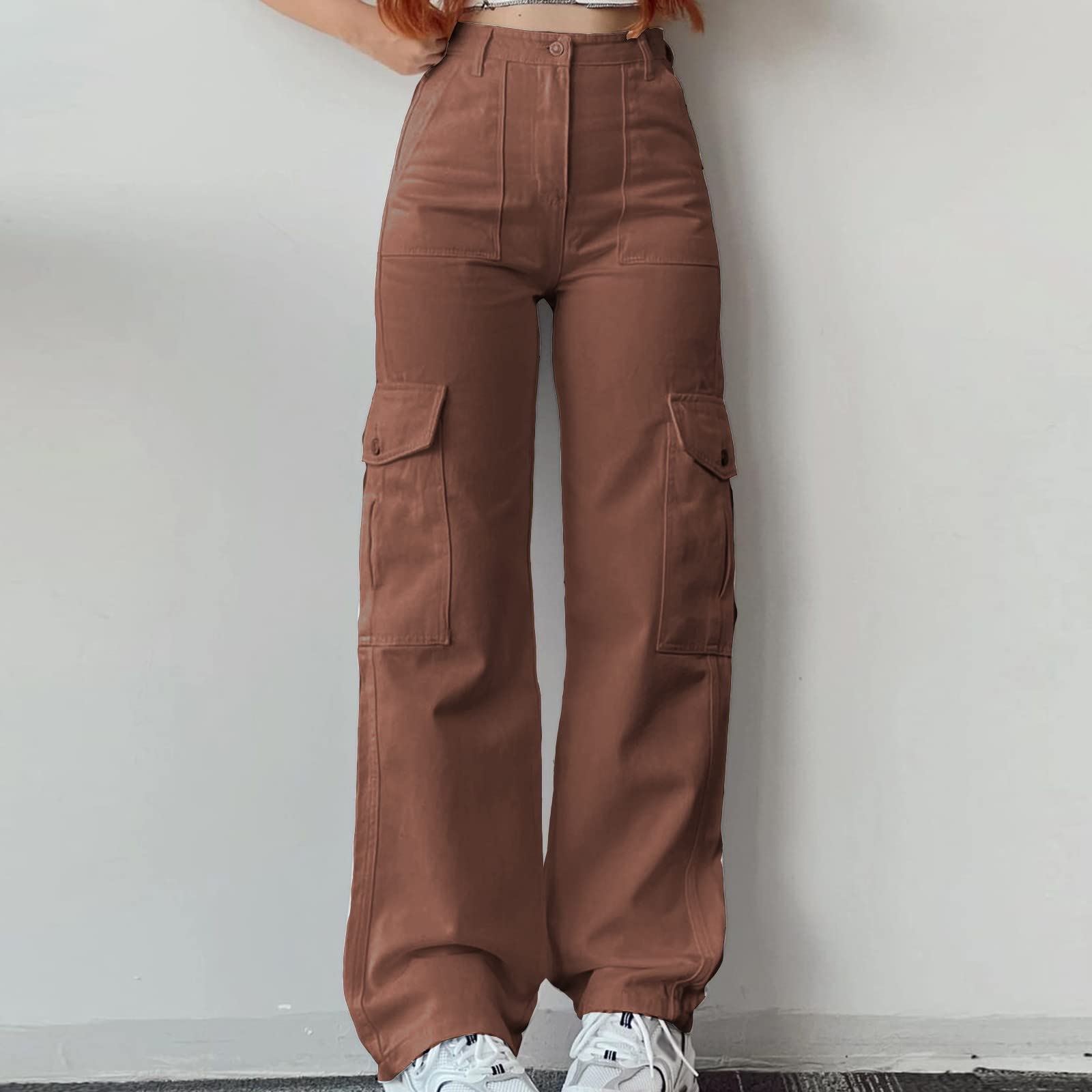 Women High Waisted Cargo Pants Hiking Work Casual Y2K Pants Combat Military Multi Pockets Trendy Comfy Baggy Trousers Coffee M