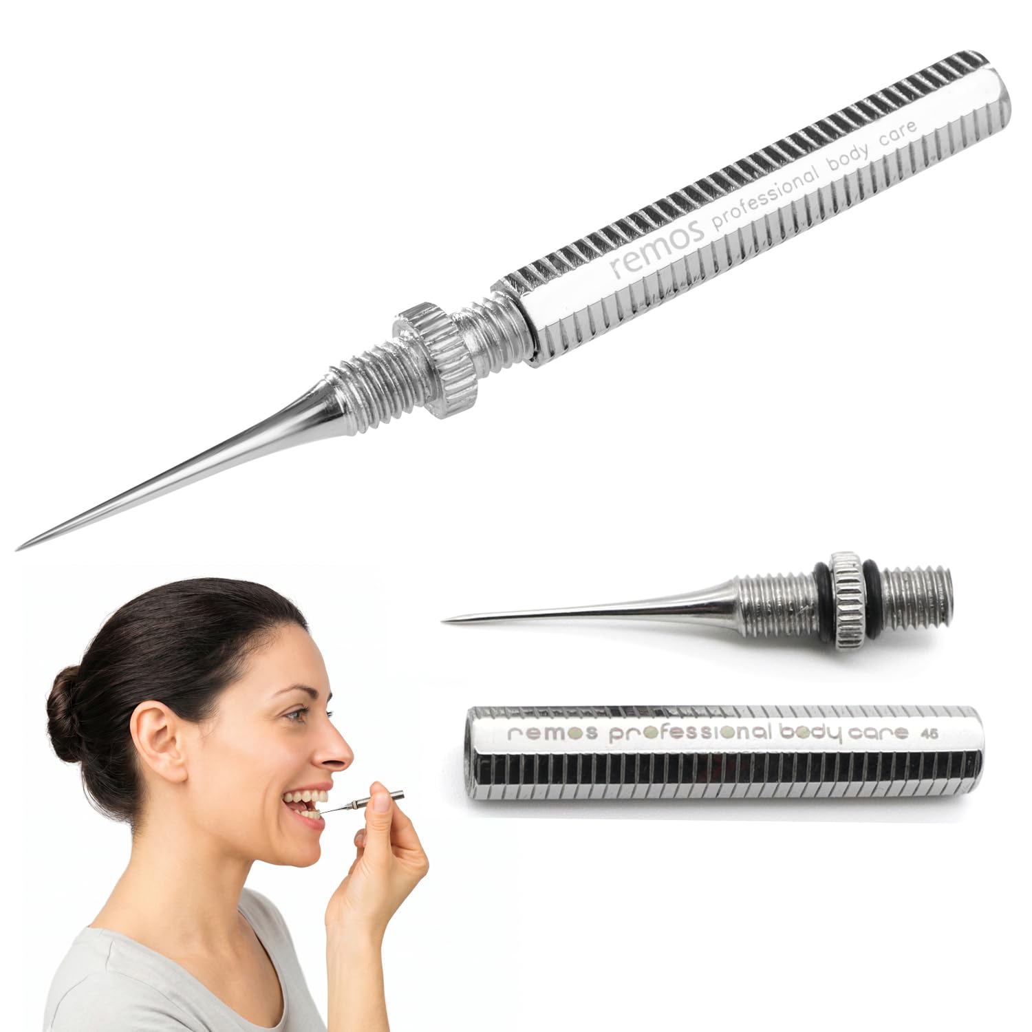 Remos - Stuzzicadenti con punta svitabile curva, in acciaio inox, 5 cm (Dritto 7cm)