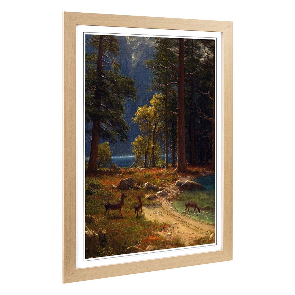 Big Box Art Framed Print of Albert Bierstadt Group of Deer Beside a Lake Design | Wall Art Picture | Home Decor for Kitchen, Living Room, Bedroom, Hallway, Oak, A2 / 24.5x18 Inch / 62x45cm