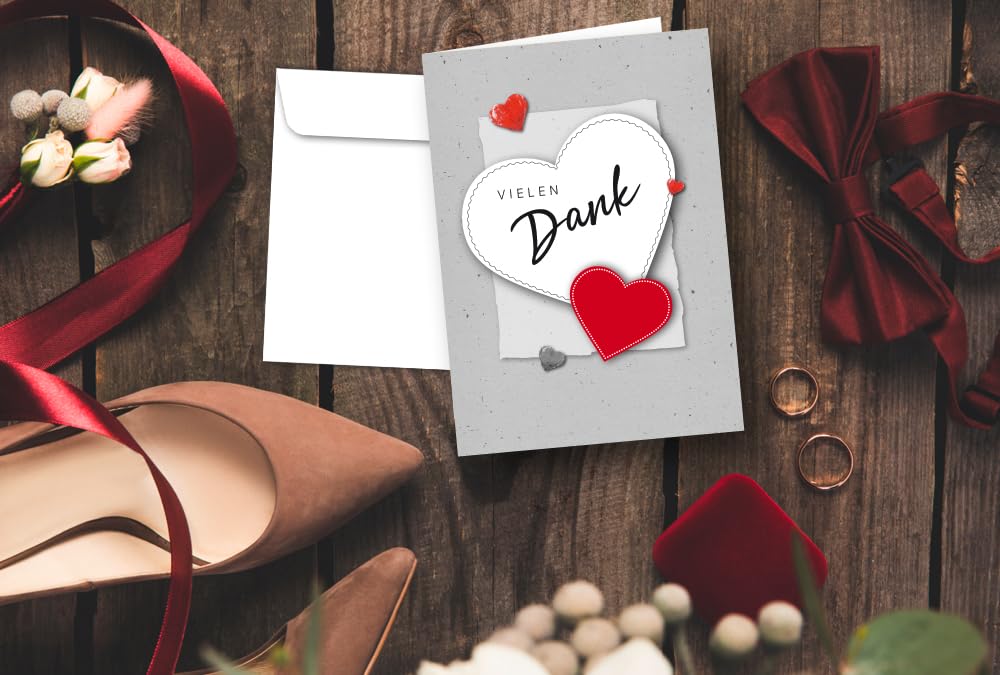 3 Biglietti Di Ringraziamento Con Cuore E Buste - Formato DIN A6 - Stampati In Germania - Per Matrimonio, Battesimo, Compleanno - 2
