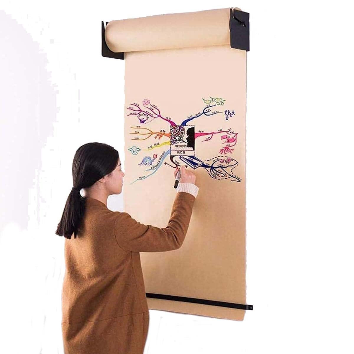 Porta rotolo di carta kraft da parete, dispenser di carta resistente, con rotolo di carta kraft marrone da 50 m, telaio in acciaio largo 37 cm per esigenze di artigianato e imballaggio