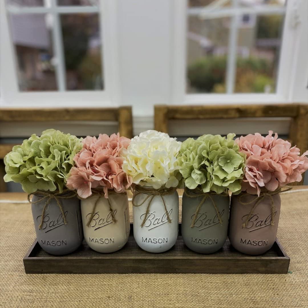 Centrotavola Rustico Con 3 Ortensie Finte In Vasetti Di Vetro, Vassoio In Legno E Luci LED, Decorazione Da Tavola Stile Shabby Chic