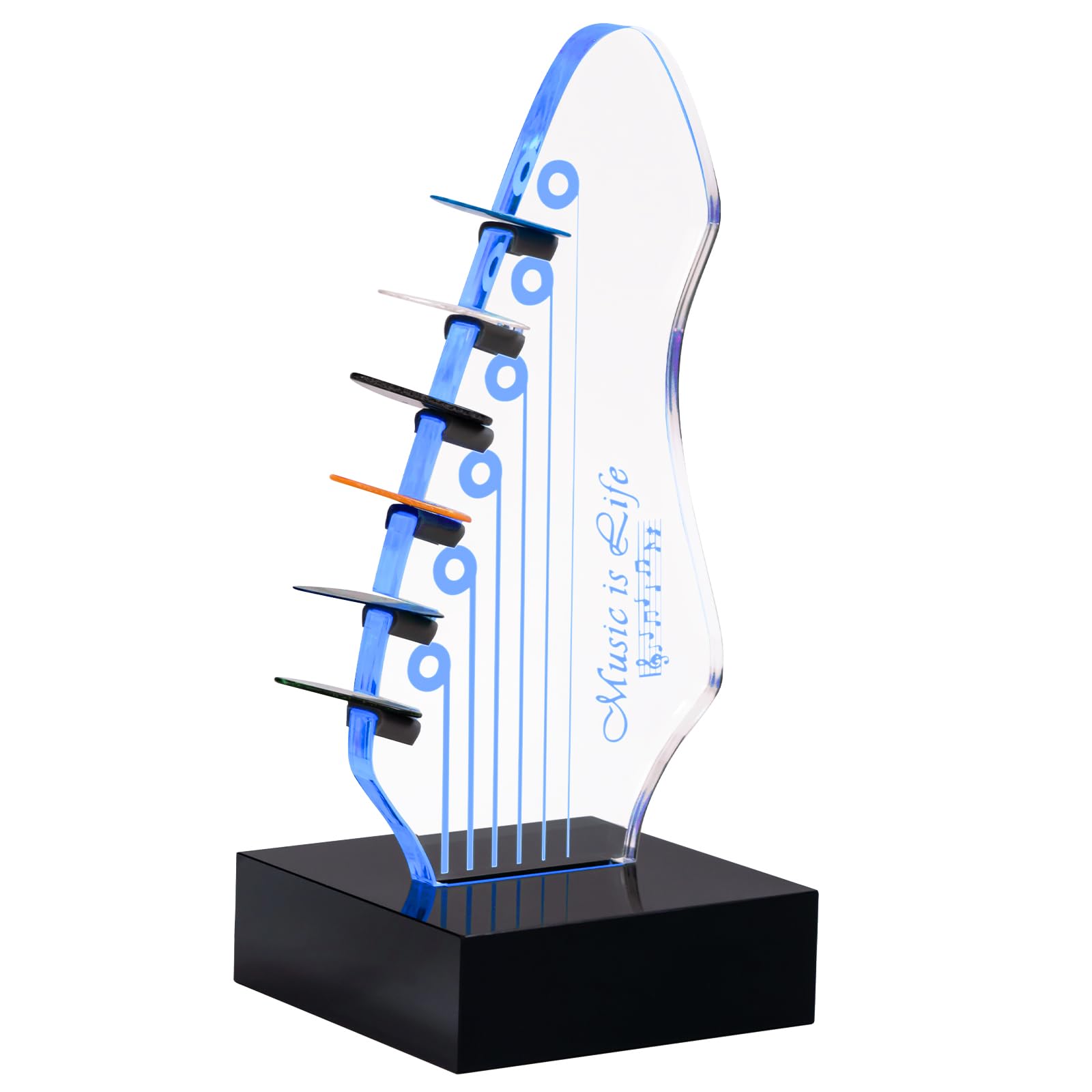 Support de médiator lumineux avec 7 couleurs changeantes, alimentation USB, affichage de rangement à DEL et veilleuse, peut contenir 6 médiators, décoration de chambre cool pour guitaristes, cadeau