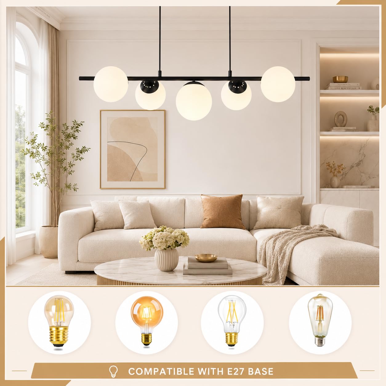 ZMH Lámpara colgante negra de cristal con 5 luces E27 | Altura ajustable hasta 150 cm para mesa de comedor o salón bombillas no incluidas