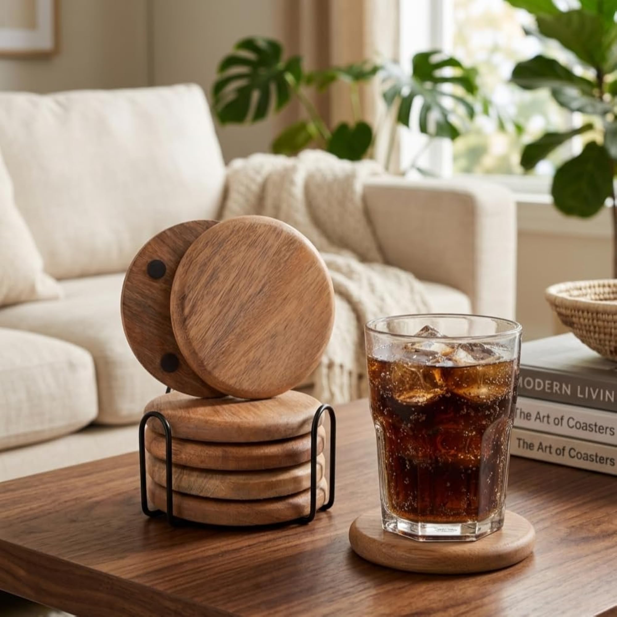Wooden Coaster Set of 4 with Holder for Dining Table