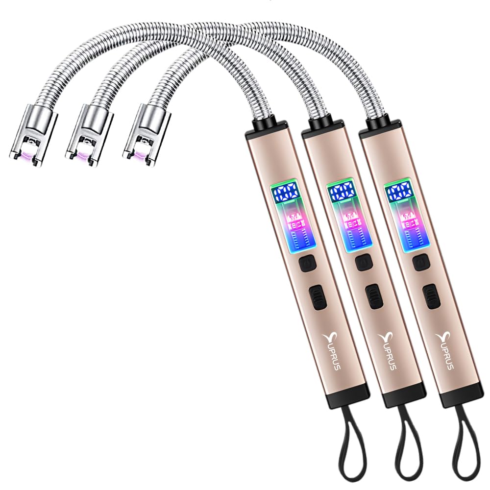 SUPRUS Electric Candle Lighter Windproof Rechargeable USB-C with Digital Battery Display Ambient Lighting Safety Switch 360° Flexible Neck Flameless Plasma