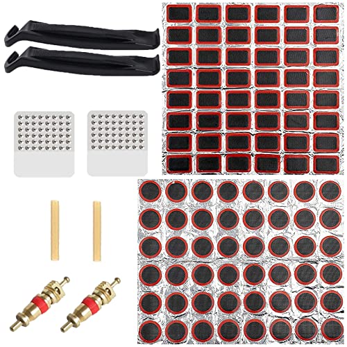 AOMAIGAD 104 Pièces Rustine Velo Kit Reparation, Pneu Caoutchouc Patch, Patch pour Vélo Pneu,Rustine Chambre à Air Velo, pour la réparation de pneus de vélo et de Moto