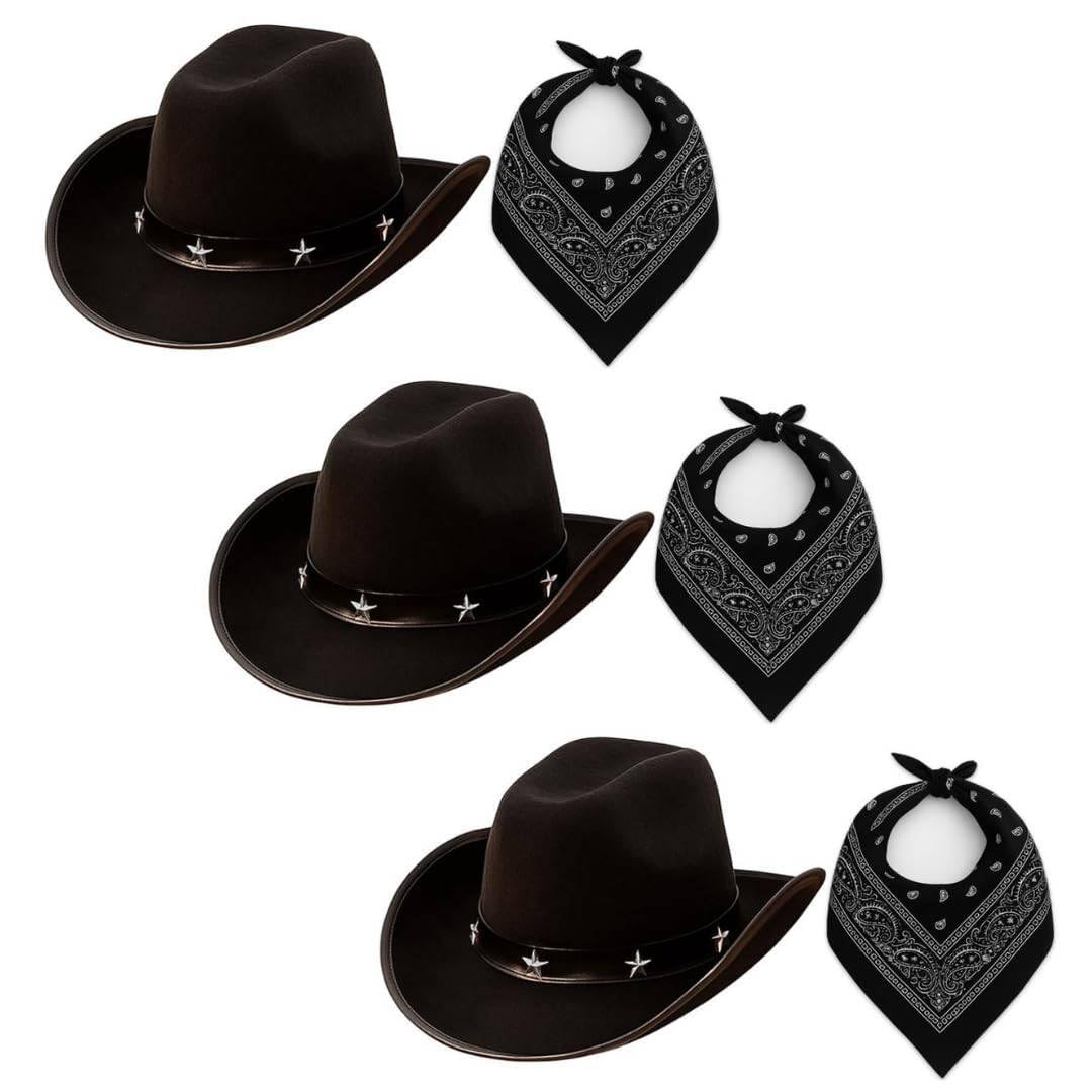 Adults Cowboy Accessory Set - Pack of 3 - Black Star-Studded Cowboy Hat and Black Paisley Bandana - Mens Womens Wild West Western Bandit Fancy Dress Costume Accessory Set