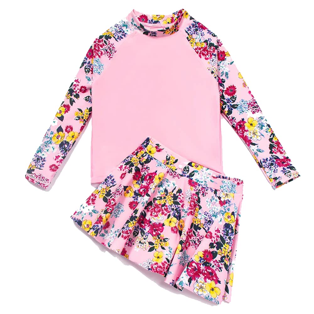 Girls Rash Guard Set Pink Flowers Modest Swimwear Long Sleeve Two Piece Swimsuit with Dress UV Sun Protection Suit