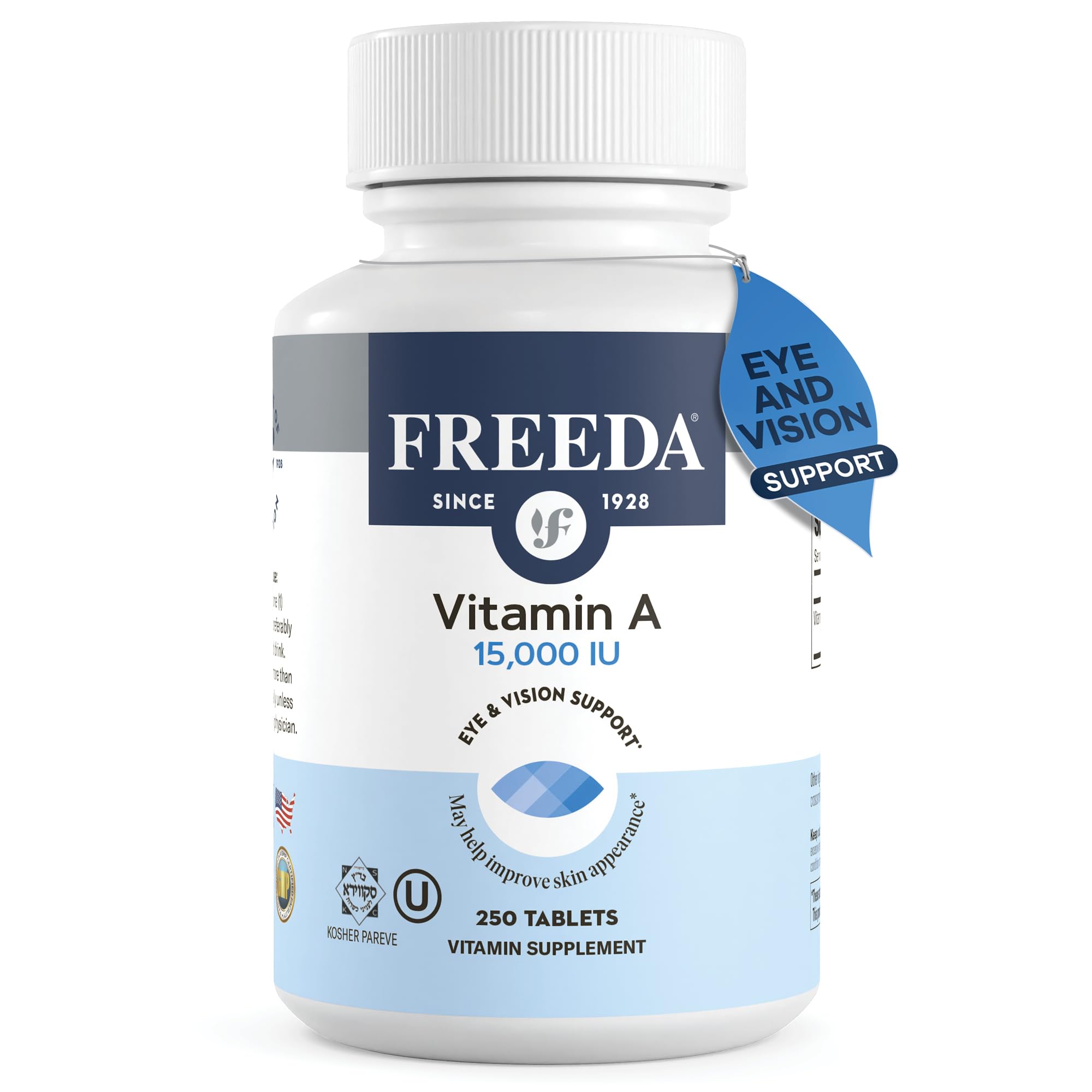 FREEDAVitamin A 15,000 IU – Retinyl Palmitate – Vegan, Kosher, No Fish – Eye, Vision, Immune & Skin Support – Tiny Easy-to-Swallow Tablets – VIT A Vitamina A Supplement – 250 Tablets