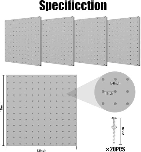 Miniatura 2 de Tablero de clavijas, paquete de 4 paneles de metal de color gris, organizador de pared con marco doblado, tablero grande y resistente para paredes,