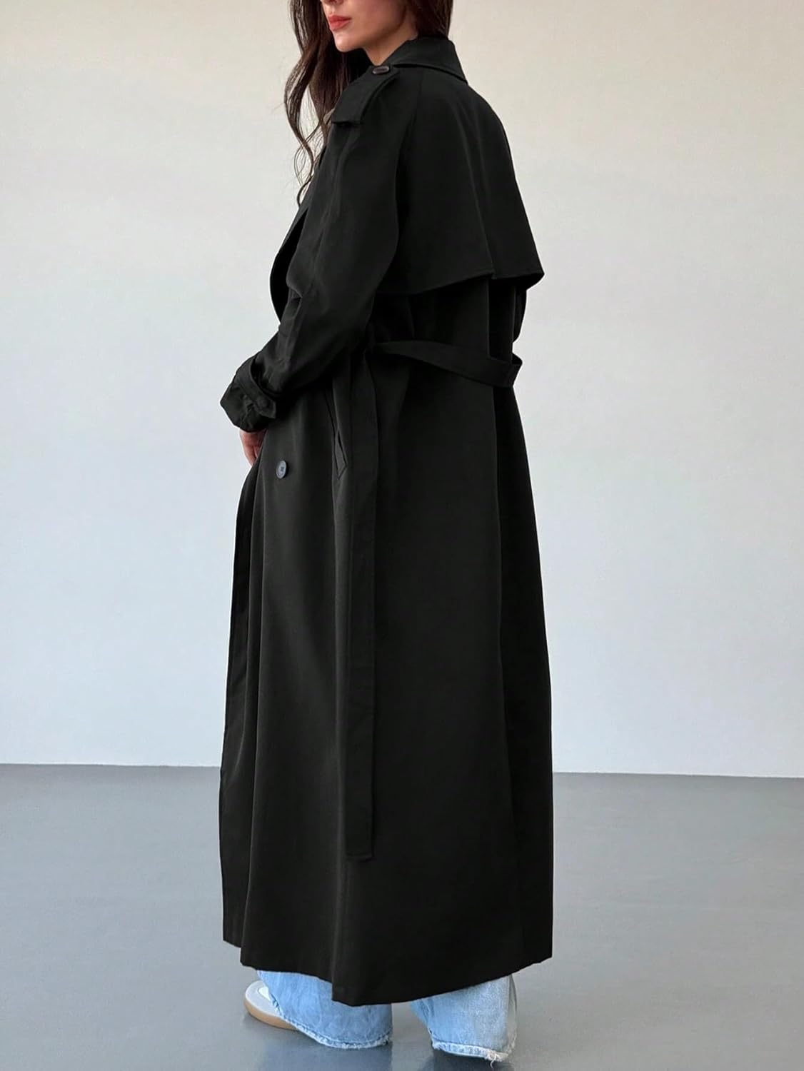 Womens Fashion Trench Outwear Long Waist Double-Breasted Lapel Trench Coat Jacket Coat