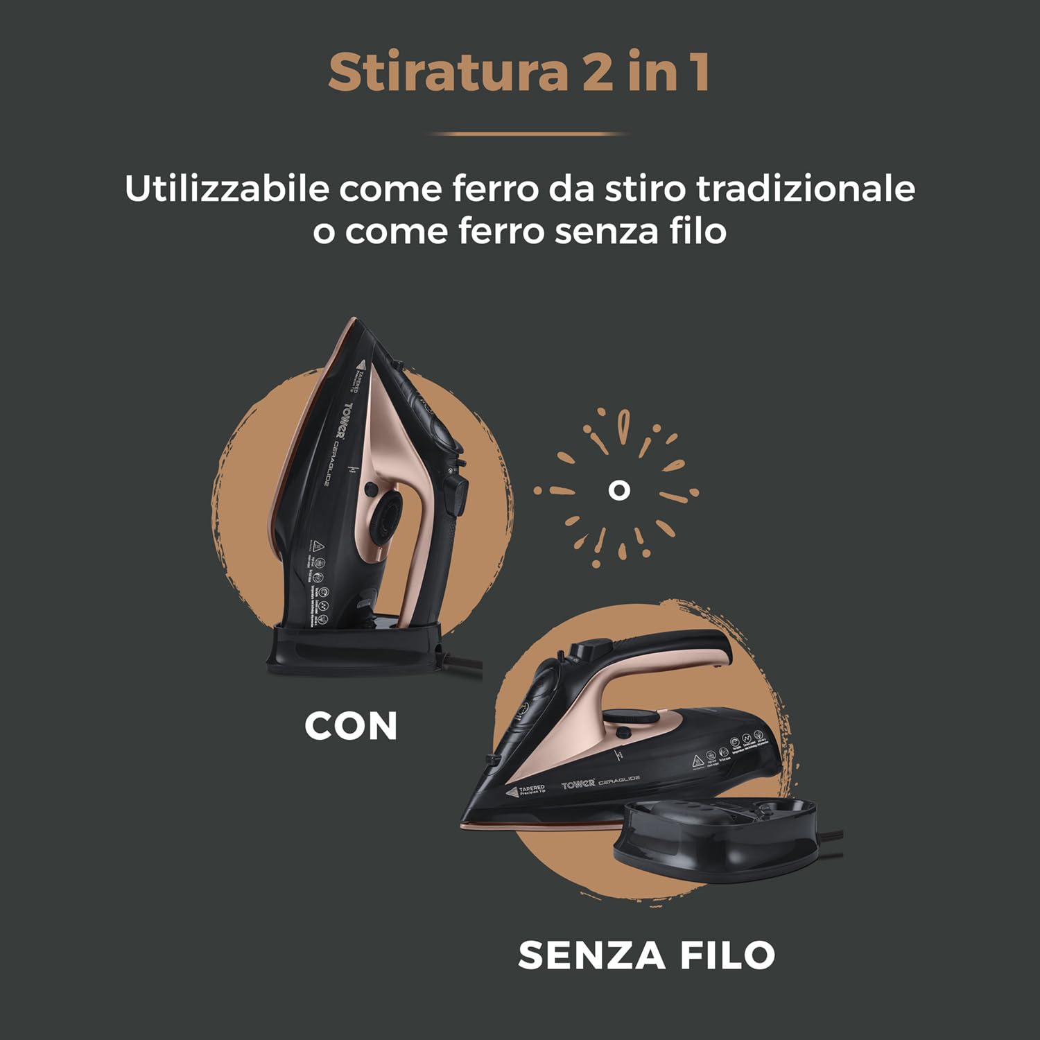 Tower T22008RG Ferro da Stiro a Vapore Senza Fili CeraGlide con Piastra in Ceramica e Funzione Vapore Variabile, Nero e Oro Rosa