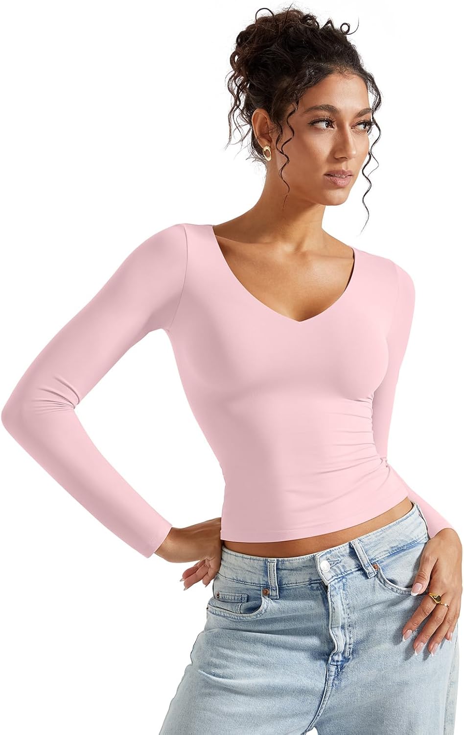 SUUKSESS Women Double Lined Casual V Neck Crop Tank Tops Basic Long Sleeve Shirts - Image 3