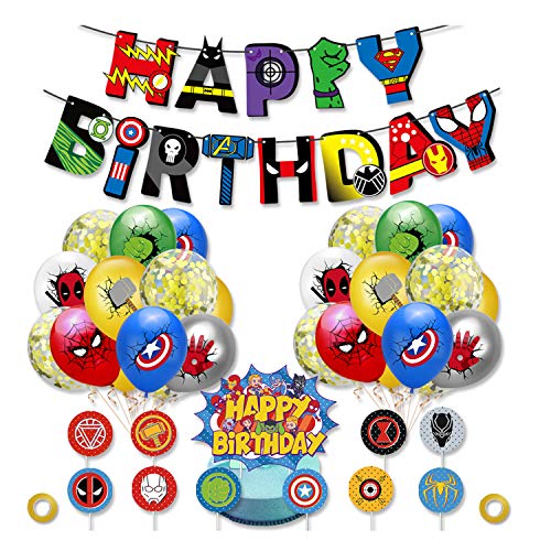 Kit de Decoraciones Superhéroes, Pancartas,Globos,Adornos de Pastel Superhéroes, de Fiesta Temáticos Superhéroe Suministros