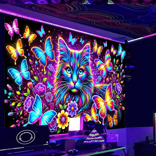Image of Nuxovilar Neon Cat Butterfly Wall Tapestry Polyester 78.74x59.05 In | Glow Poster Trippy Art Feline Decor UV Wall Hanging Game Room Dorm Themed Space (Cat Butterfly Floral Design)