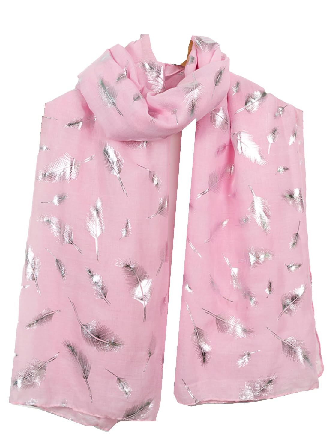 World Of Shawls Women's Feather Baby Pink New Glitter Foil Sparkle Print Scarf Scarves (Feather Baby Pink)
