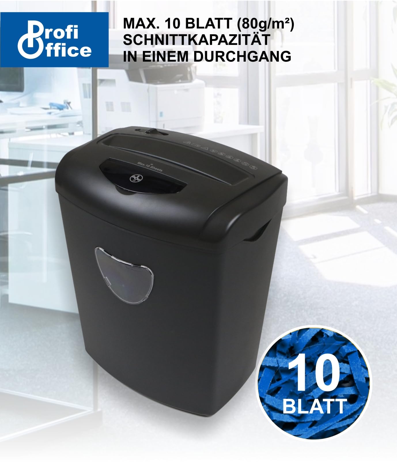 Niszczarka do dokumentów Premium Home Office ProfiOffice Piranha 10CD – cięcie krzyżowe 10 arkuszy jednocześnie, poziom bezpieczeństwa zgodny z P4 RODO, niszczy płyty CD i karty kredytowe w dodatkowym