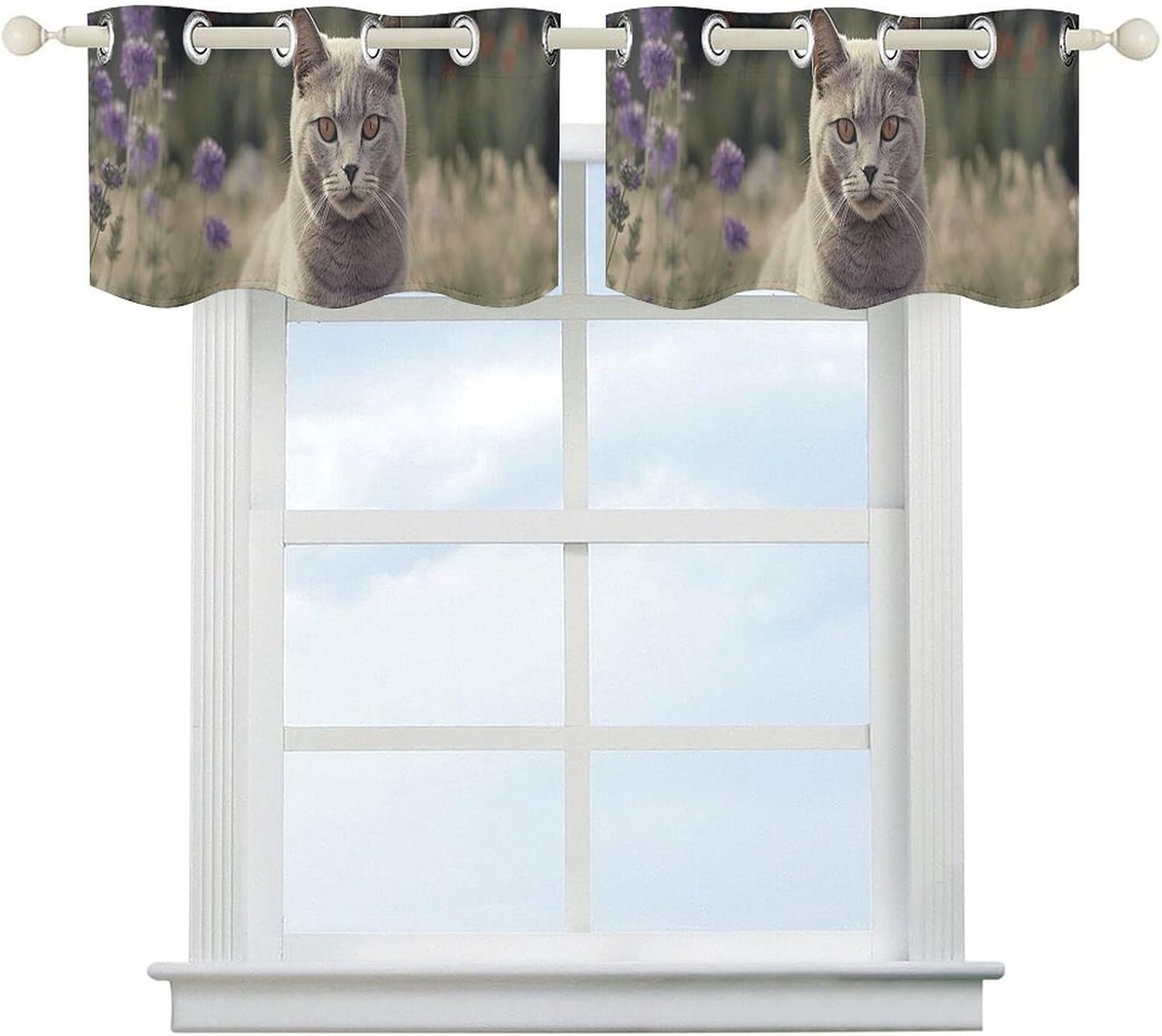 Gray Cat in Flower Field Valance for Windows, 2 Pack Kitchen Curtains Modern Home Decor, Soft Blackout Window Curtains for Living Room & Bedroom, 18 X 52 Inch