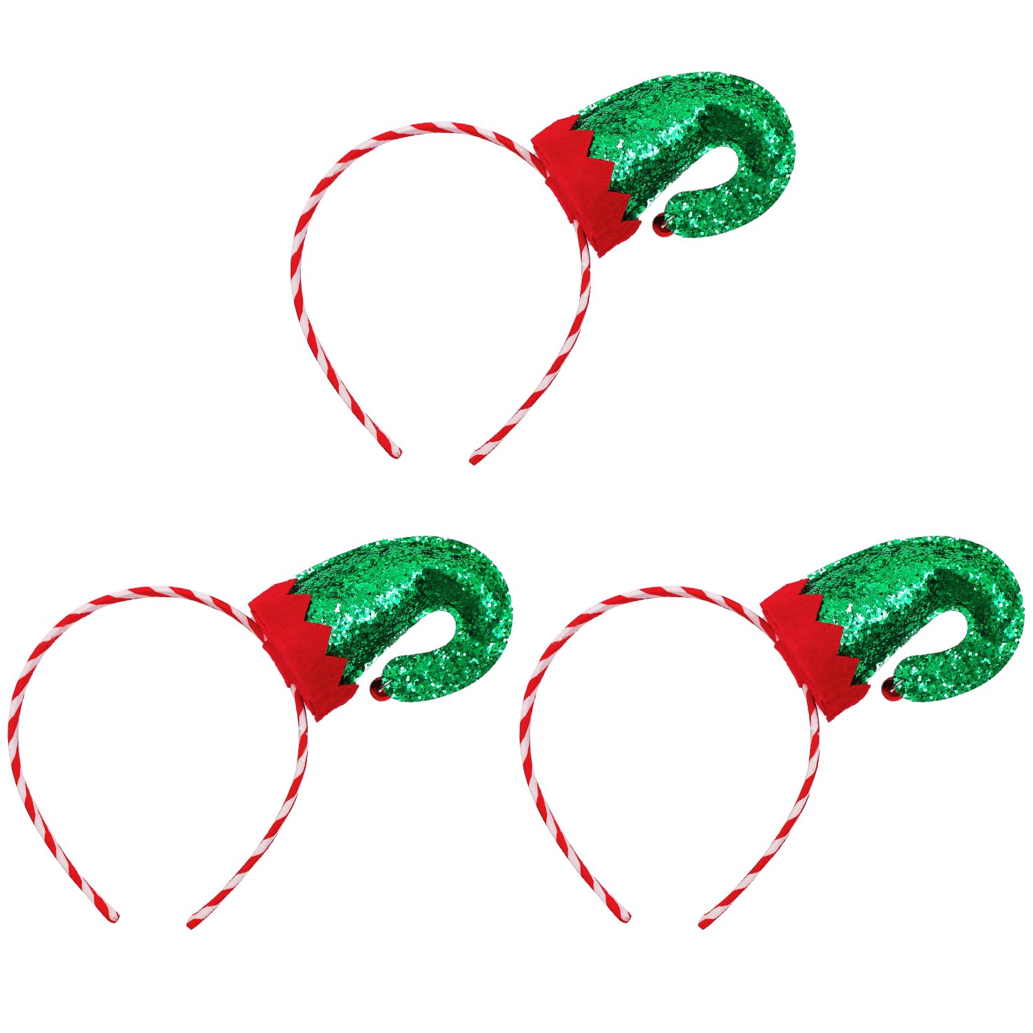 Miaija 3Pieces Sequin Elf Hat Headband Novelty Red & Green Stripe Christmas Elf Hat Fancy Dress Headband Christmas Themed Hair Hoop Accessory for Girls Women Xmas Party