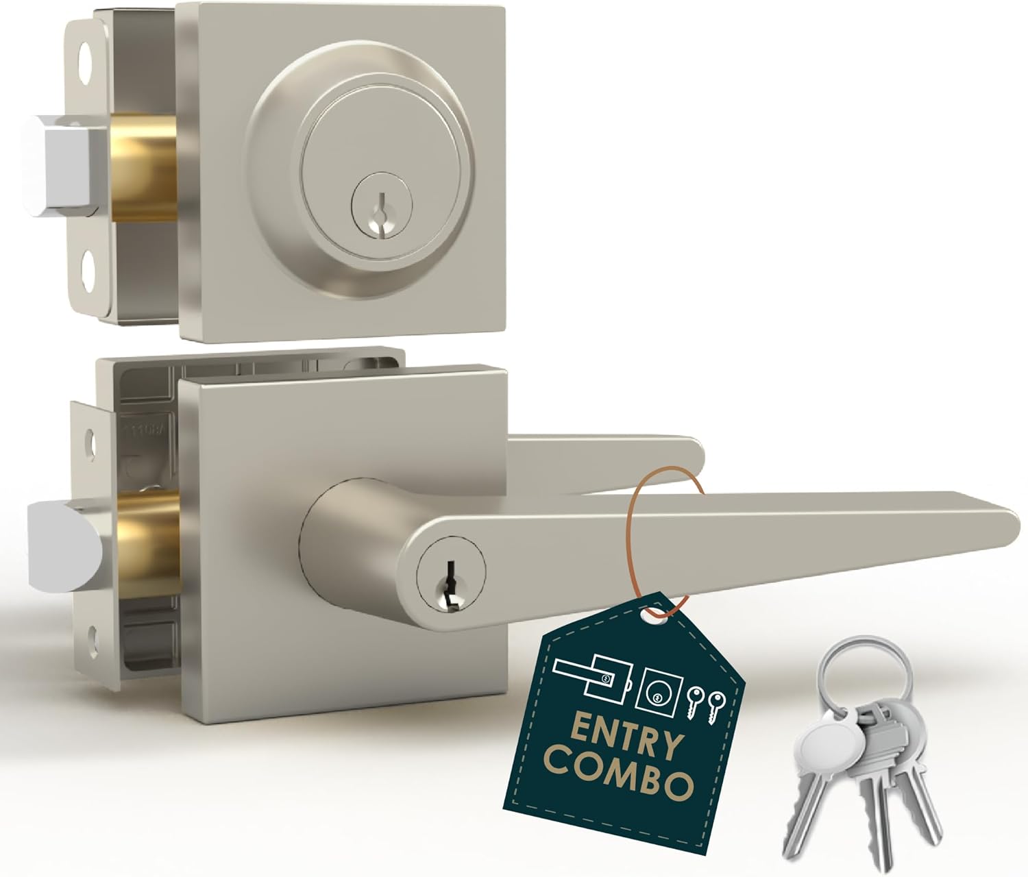 Mega Handles Schein Entry Door Handle & Deadbolt Lock - 1 Pack Reversible Heavy Duty Brushed Nickel Door Handles & Deadbolt for Interior/Exterior Doors, Fits All Standard Doors - Satin Nickel