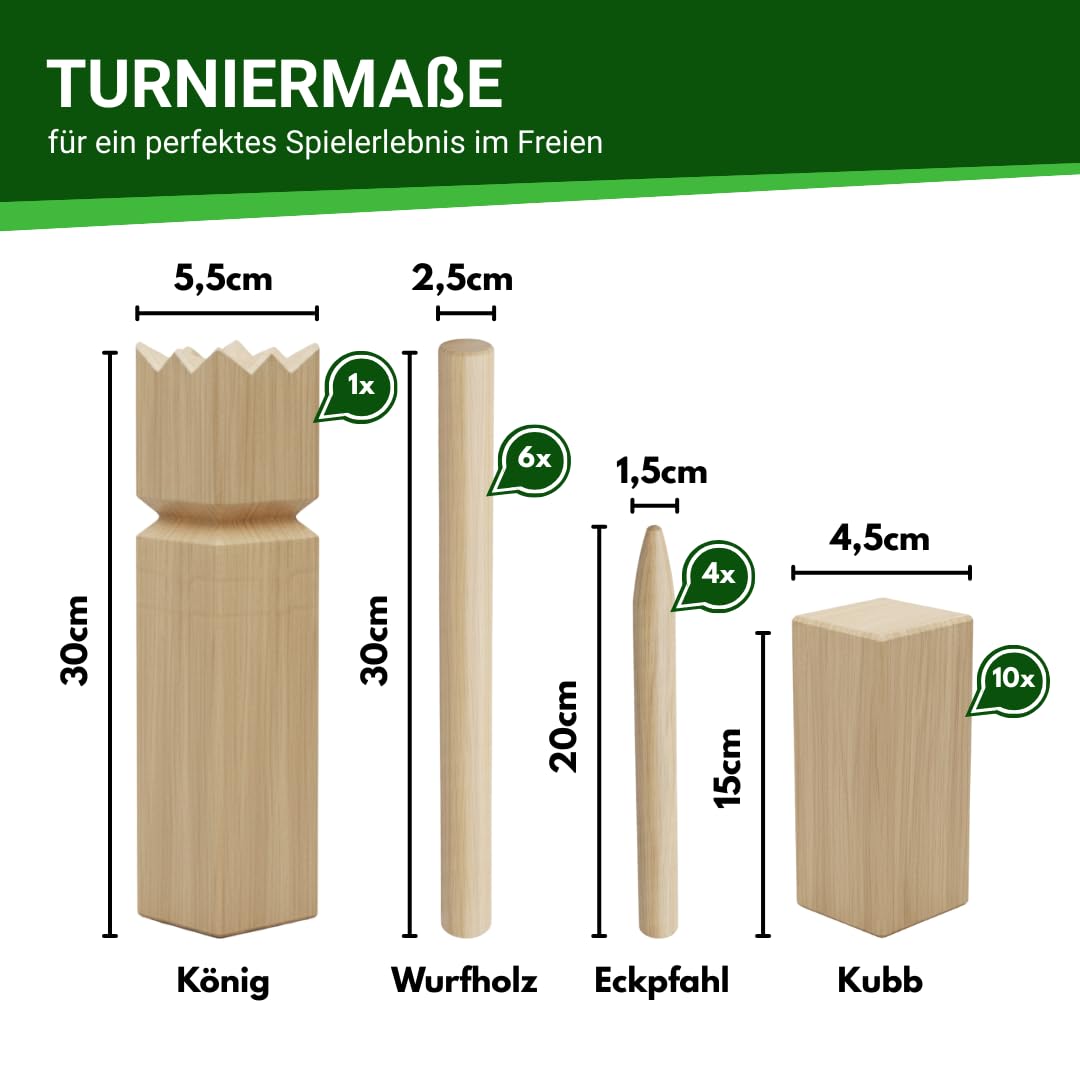 Kubb Wikingerschach aus Holz, Outdoor-Wurfspiel inkl. Tragetasche & Spielanleitung aus FSC Gummibaumholz, Turniergröße, Wikinger Schach Holz outdoor, Rasenschach, Outdoor Spiel, Wikinger Spiel outdoor