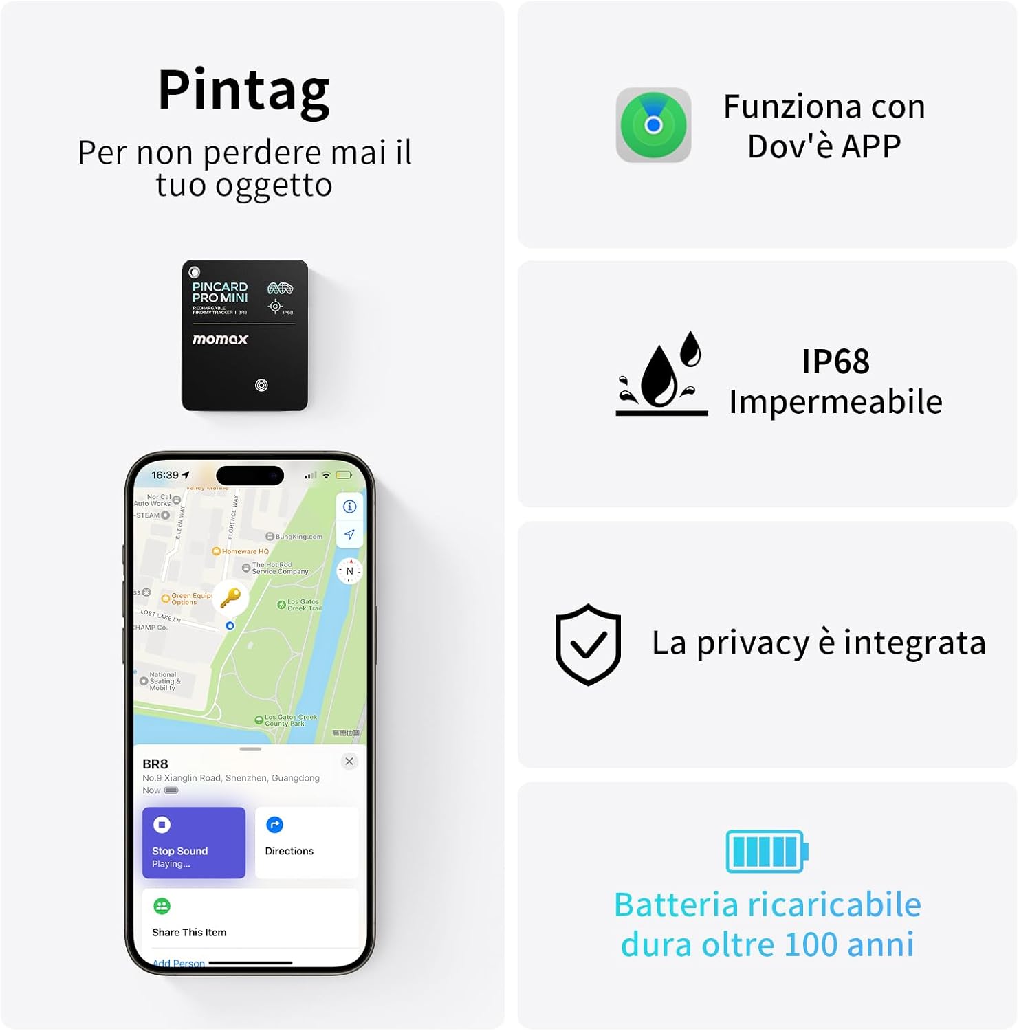 MOMAX AirCard Tracker Tag, Localizzatore Chiavi Bluetooth per Apple Dov'è (solo iOS, Android non supportato) per Portafogli Bagagli Valigie, Batteria Ricaricabile senza fili, IP68 Impermeabile Nero - Immagine 5